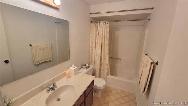 full bath with tile patterned floors, vanity, toilet, and shower / bath combo with shower curtain