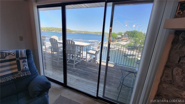 entryway featuring a water view