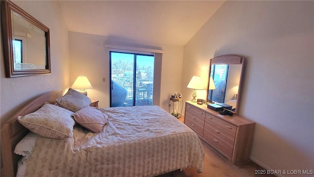 bedroom featuring vaulted ceiling, light colored carpet, and access to exterior