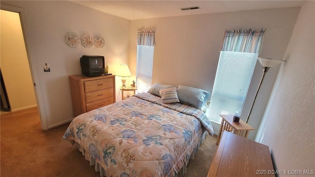 bedroom with carpet floors, visible vents, and baseboards