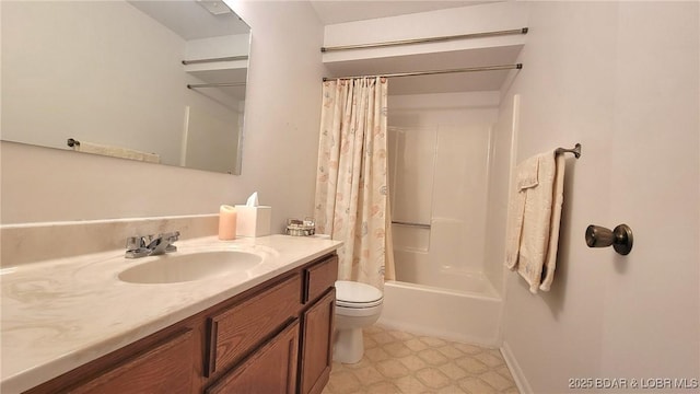 full bath with toilet, tile patterned floors, shower / bath combo, and vanity