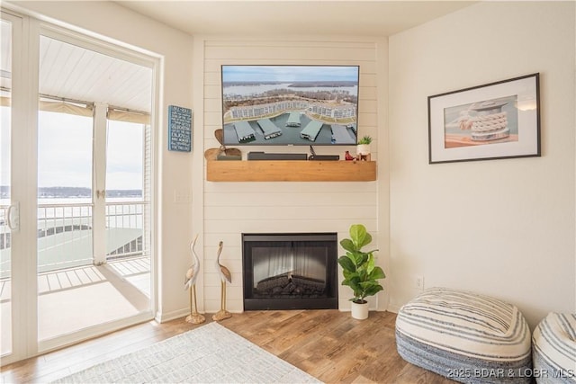 sitting room featuring a fireplace and wood finished floors