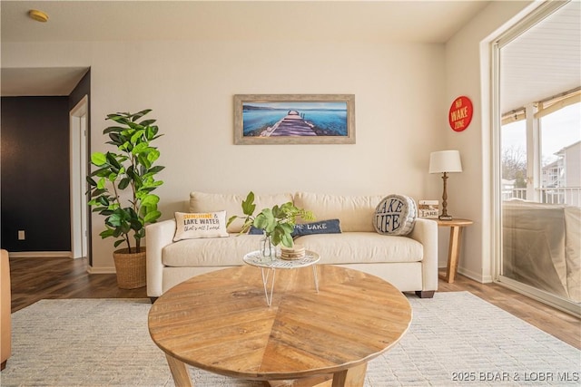 living room with baseboards and wood finished floors