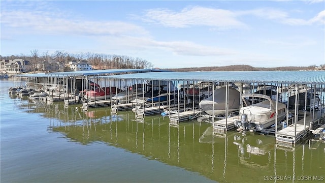 view of dock featuring a water view and boat lift