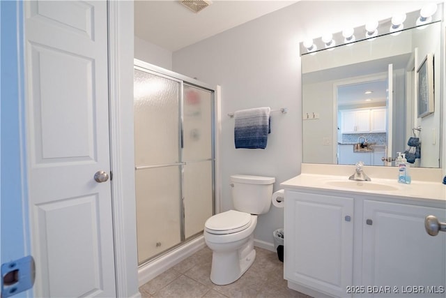 full bath with visible vents, toilet, tile patterned floors, vanity, and a shower stall