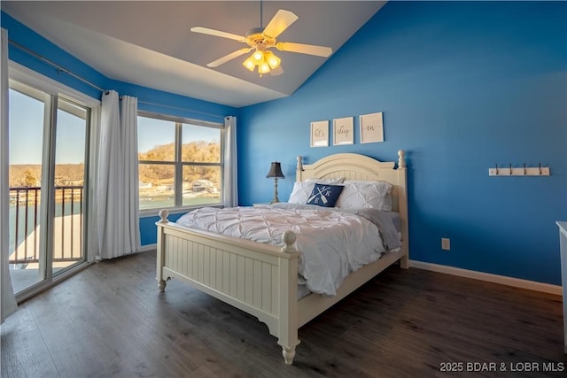 bedroom with baseboards, a ceiling fan, wood finished floors, access to outside, and vaulted ceiling