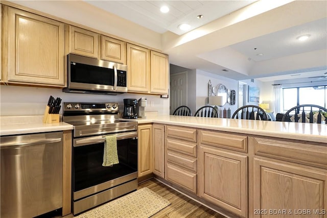 kitchen with stainless steel appliances, light brown cabinets, and light countertops