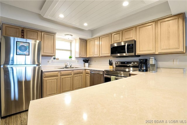 kitchen with stainless steel appliances, recessed lighting, light countertops, and wood finished floors