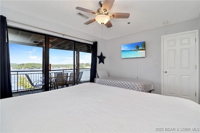 bedroom featuring ceiling fan, access to outside, and visible vents