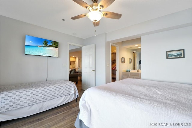 bedroom with a ceiling fan and wood finished floors