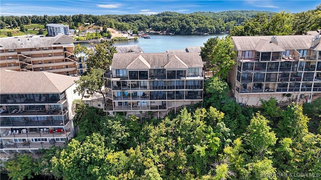 drone / aerial view with a water view