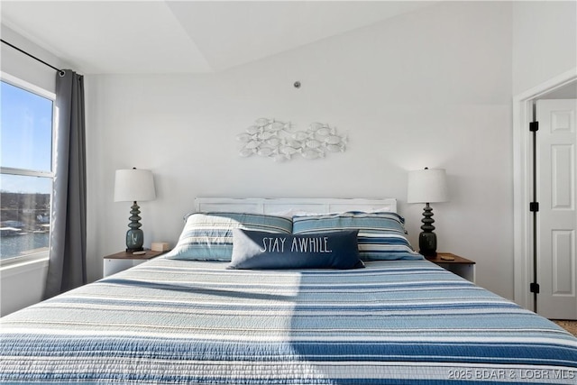 bedroom with lofted ceiling