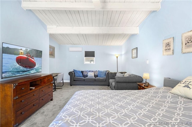 bedroom with light carpet and vaulted ceiling with beams