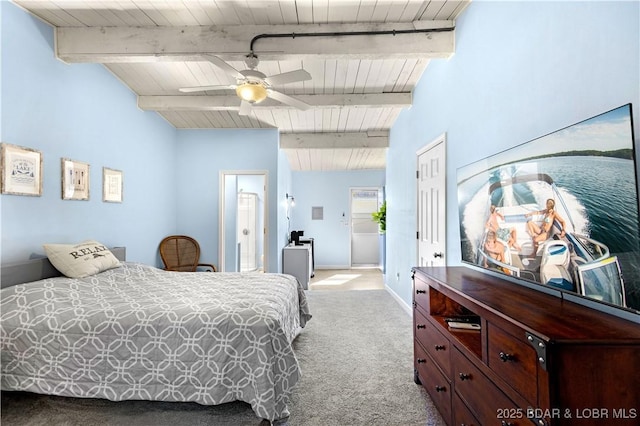 carpeted bedroom with wooden ceiling, beamed ceiling, and baseboards