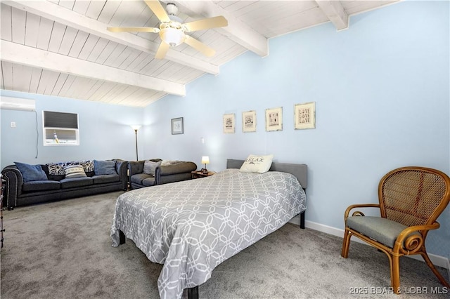 bedroom featuring vaulted ceiling with beams, carpet floors, a ceiling fan, and baseboards