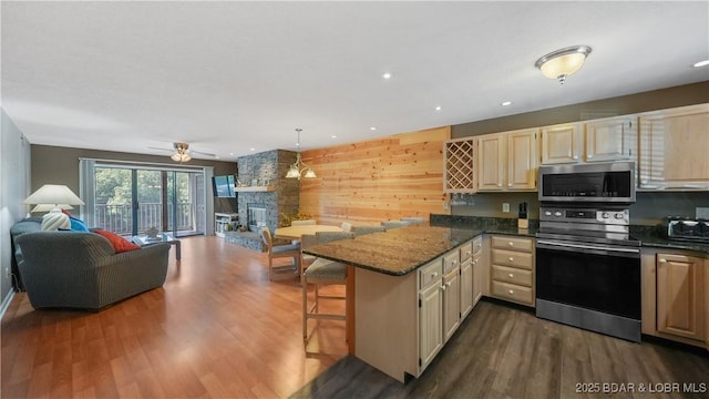 kitchen with a fireplace, dark wood finished floors, appliances with stainless steel finishes, open floor plan, and a peninsula