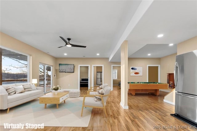 living area with light wood finished floors, billiards, baseboards, and recessed lighting