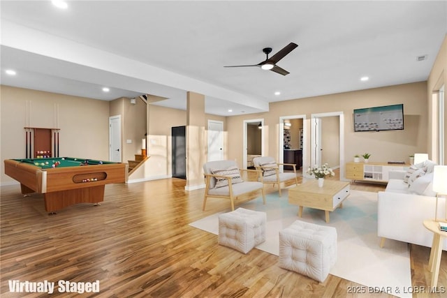 living room featuring recessed lighting, stairway, a ceiling fan, wood finished floors, and billiards