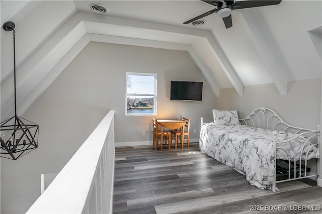 bedroom featuring dark wood-style flooring, visible vents, lofted ceiling with beams, and baseboards