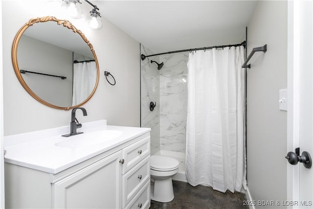 bathroom with toilet, concrete flooring, vanity, and a shower with curtain