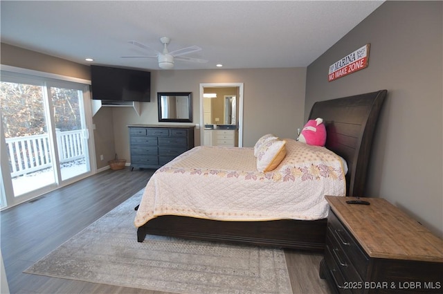 bedroom featuring access to outside, recessed lighting, and wood finished floors