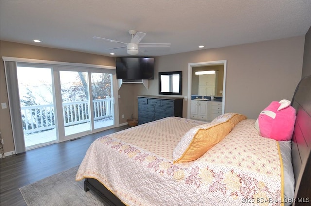 bedroom featuring access to outside, wood finished floors, connected bathroom, and recessed lighting