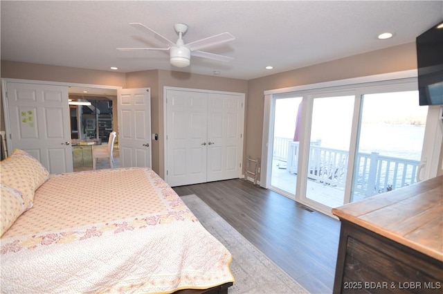 bedroom with visible vents, dark wood-style floors, ceiling fan, access to exterior, and recessed lighting