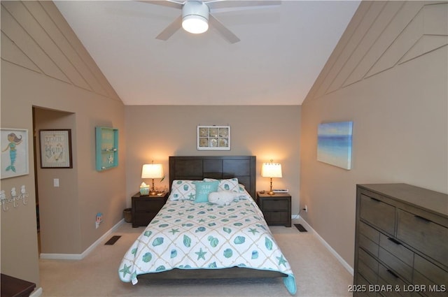 bedroom with baseboards, visible vents, vaulted ceiling, and light colored carpet