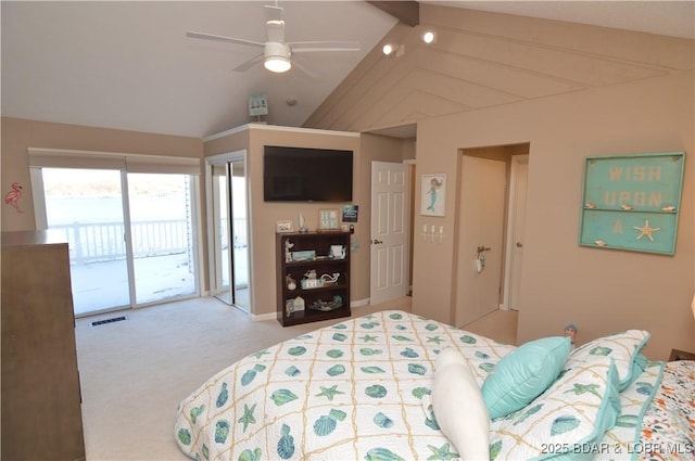 carpeted bedroom with vaulted ceiling with beams, ceiling fan, visible vents, and access to exterior