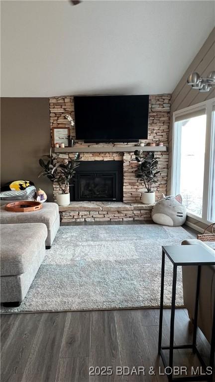 living room featuring a fireplace and wood finished floors