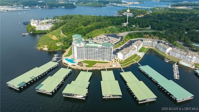 bird's eye view with a water view