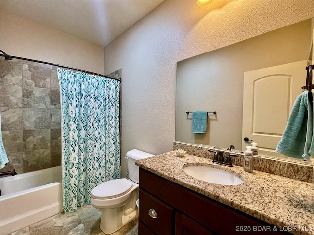 full bathroom with shower / bath combination with curtain, vanity, and toilet