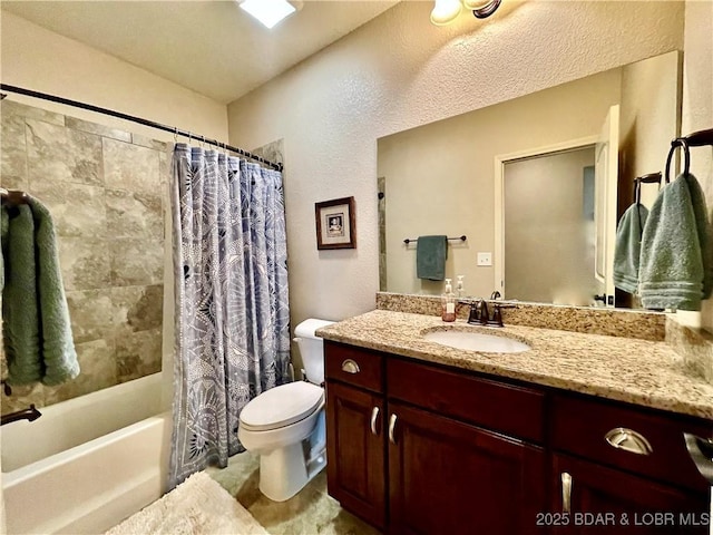 bathroom with toilet, shower / bathtub combination with curtain, and vanity