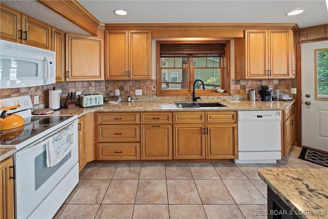 136 Rambling Acres Dr, Gravois Mills, MO 65037 - kitchen featuring white appliances, tasteful backsplash, light tile patterned floors, light stone countertops, and a sink