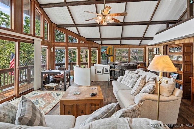 136 Rambling Acres Dr, Gravois Mills, MO 65037 - living area featuring vaulted ceiling with beams, wood finished floors, and a ceiling fan
