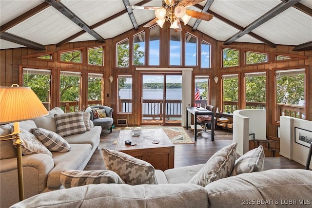136 Rambling Acres Dr, Gravois Mills, MO 65037 - living room featuring a water view, wood walls, plenty of natural light, and wood finished floors