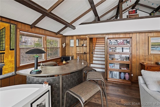 136 Rambling Acres Dr, Gravois Mills, MO 65037 - interior space featuring vaulted ceiling with beams, wooden walls, and wood finished floors