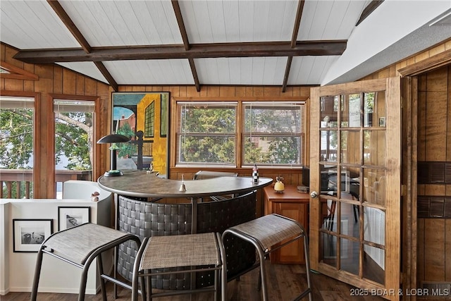136 Rambling Acres Dr, Gravois Mills, MO 65037 - sunroom / solarium featuring vaulted ceiling with beams and a hot tub