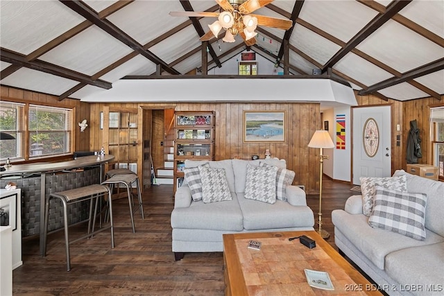 136 Rambling Acres Dr, Gravois Mills, MO 65037 - living room featuring vaulted ceiling with beams, ceiling fan, wooden walls, and wood finished floors