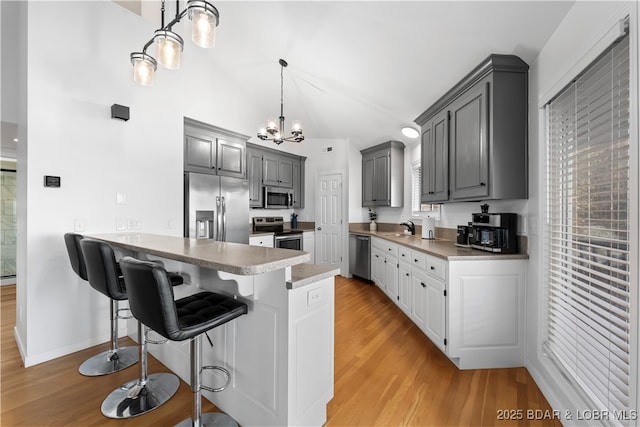 kitchen with stainless steel appliances, a peninsula, a sink, light wood-type flooring, and pendant lighting