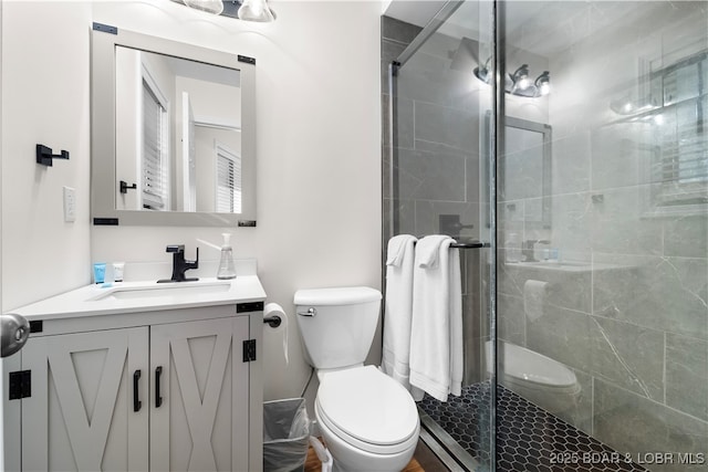 bathroom with a stall shower, vanity, and toilet