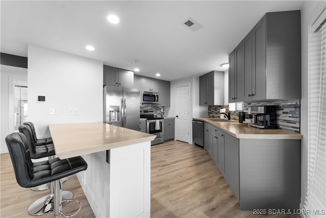kitchen featuring a peninsula, visible vents, stainless steel appliances, and gray cabinetry