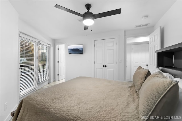 bedroom with a ceiling fan, a closet, visible vents, and baseboards