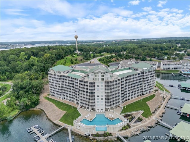 aerial view of a large body of water and a pool