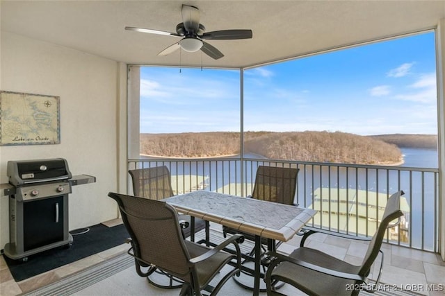 sunroom / solarium with a water view