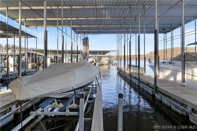 dock area featuring boat lift and a water view