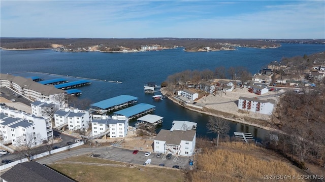 drone / aerial view featuring a water view