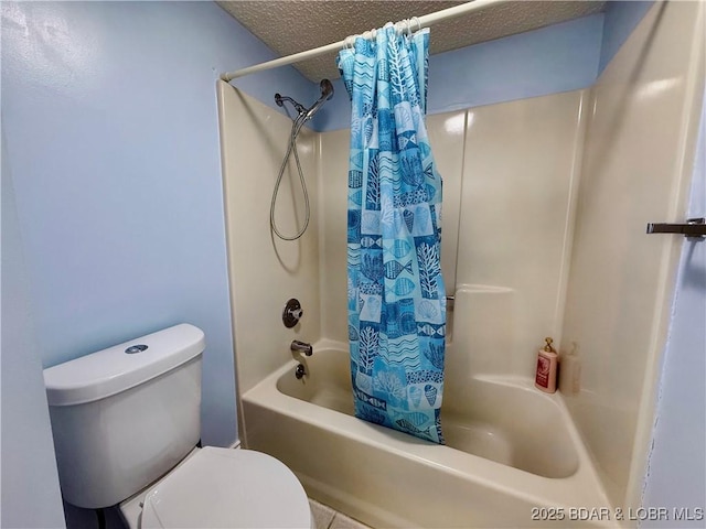 full bath featuring toilet, a textured ceiling, and shower / tub combo with curtain