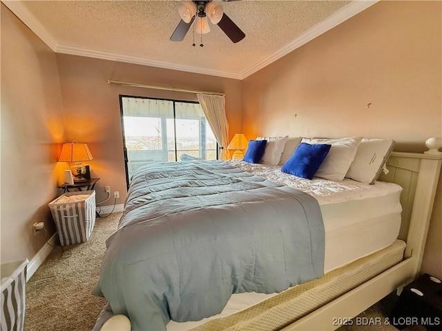 carpeted bedroom with ornamental molding, access to outside, and a textured ceiling