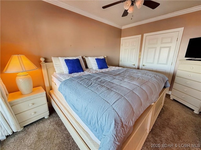 bedroom featuring ornamental molding and carpet